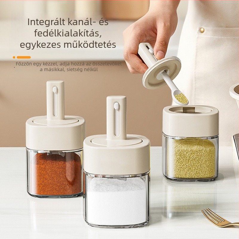 Teleszkópos üveg fűszertartó integrált kanálfedéllel