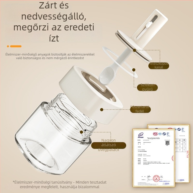 Teleszkópos üveg fűszertartó integrált kanálfedéllel