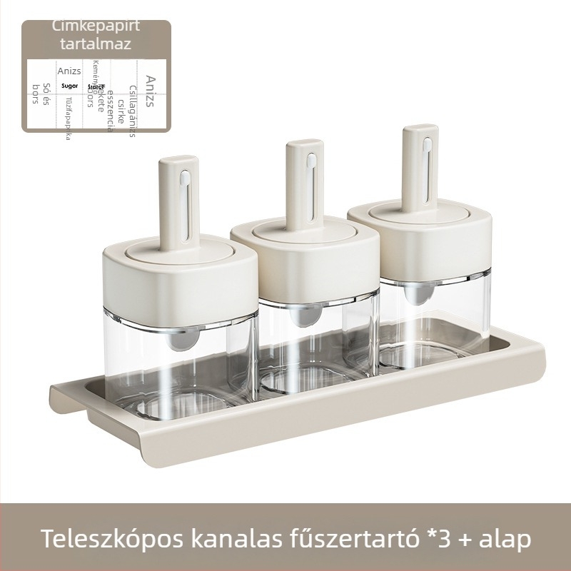 Teleszkópos üveg fűszertartó integrált kanálfedéllel
