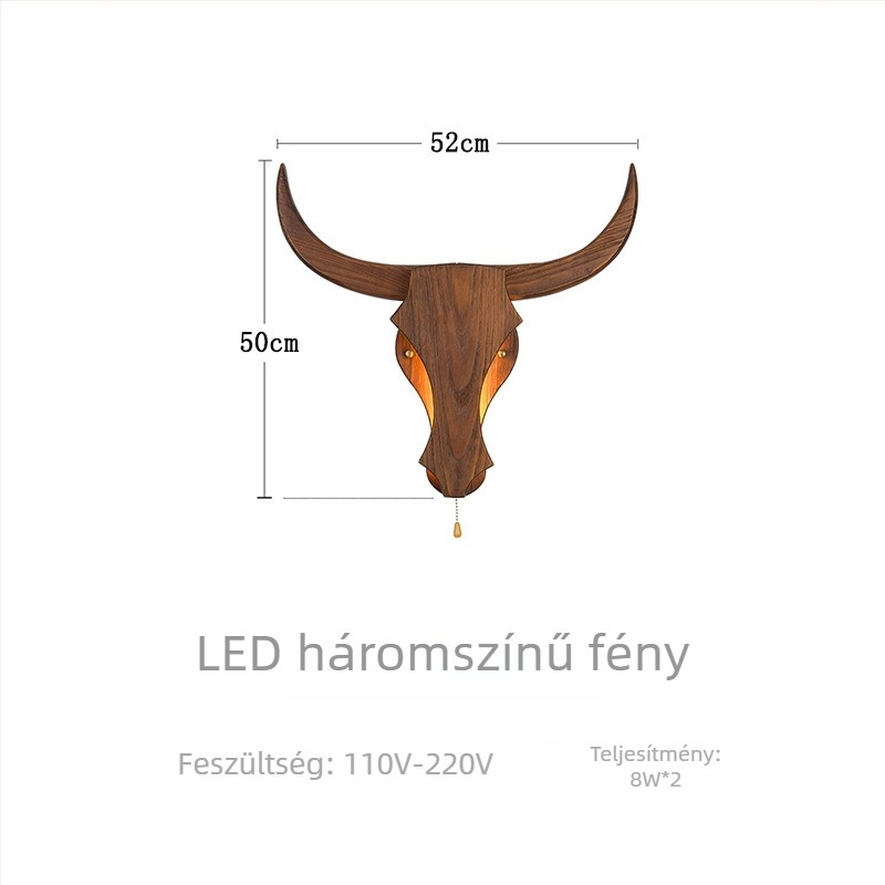 Új kínai stílusú tömörfa LED folyosólámpa - kreatív tehénfej alakú fali lámpa, szállodák, éttermek és nappalik számára, fa művészeti dekoráció