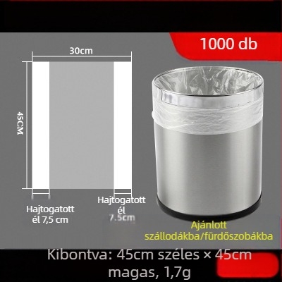 Szállodai szobákhoz tervezett egyszer használatos szemeteszsákok, fehér és fekete és átlátszó színekben, vastagított kivitel, lapos szájú, méret 45×45×50 cm