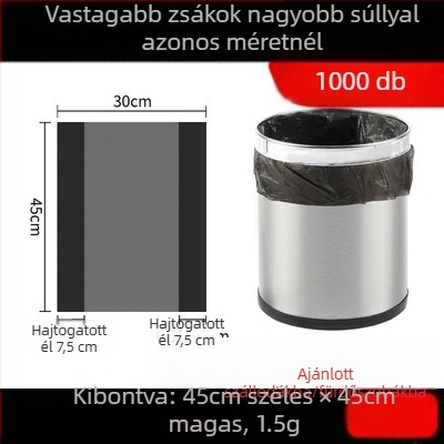 Szállodai szobákhoz tervezett egyszer használatos szemeteszsákok, fehér és fekete és átlátszó színekben, vastagított kivitel, lapos szájú, méret 45×45×50 cm