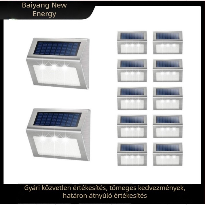 Rozsdamentes acélból készült napelemes lépcsőfények, 3 LED, kerthez és falhoz, kültéri világítás
