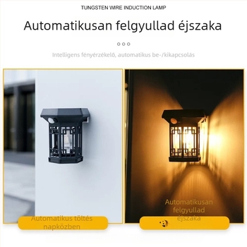 Retro napelemes wolfram szálas lámpa, kültéri vízálló kertdekoráció, tájvilágítás, falikar szenzorral, vezeték nélküli