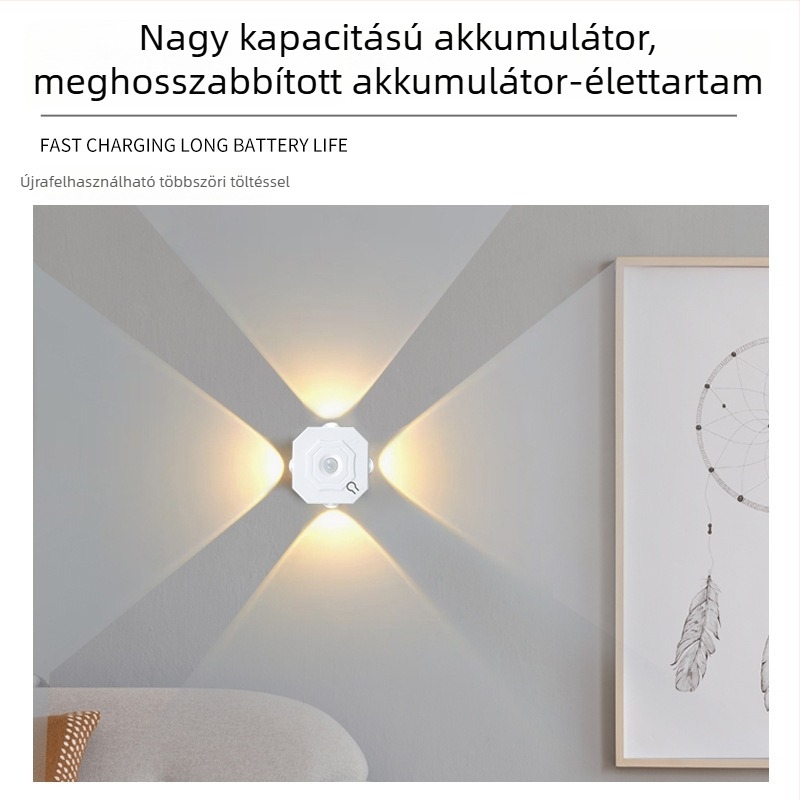 Mozgásérzékelős LED fali lámpa, négy szemű dizájn, háromszínű környezeti világítás, előszoba és hálószoba