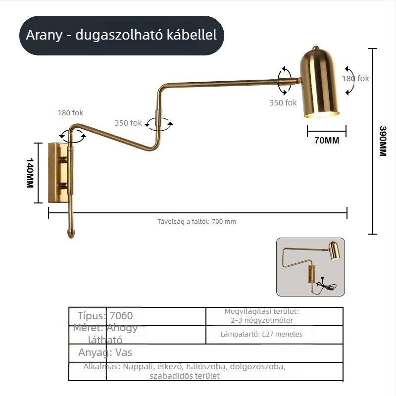 Ágy melletti skandináv stílusú fali lámpa hajlított, teleszkópos hosszú karral – olvasólámpa