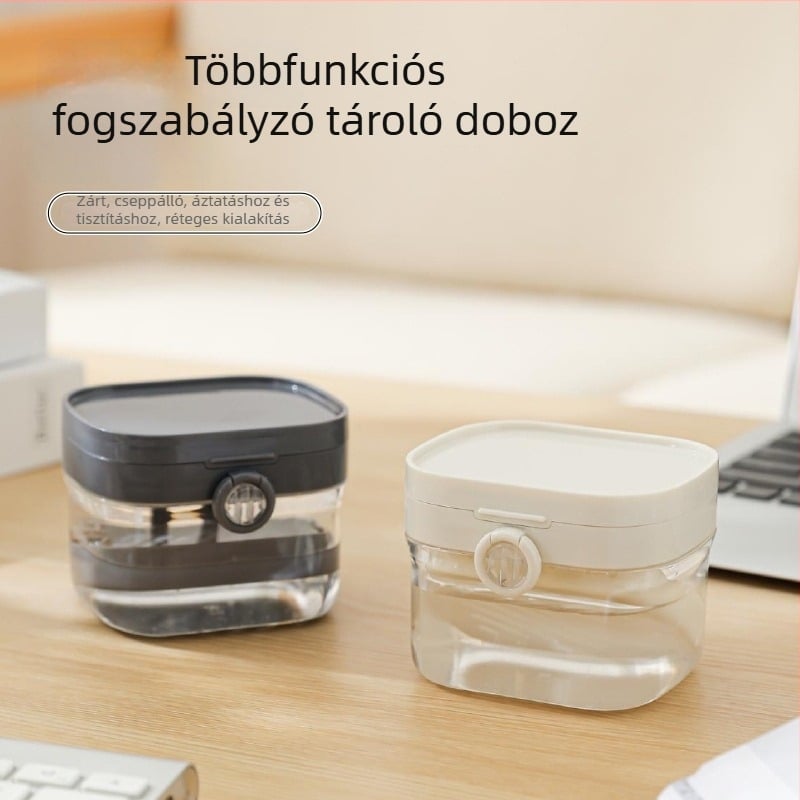 Két rétegű protézis- és fogszabályzó tároló doboz tisztítóeszközzel, átlátszó, hordozható