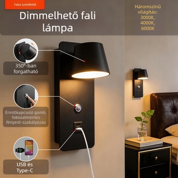 Újratöltésű éjjeli falikar északi stílusú LED-del, forgatható és dimmerrel, hálószoba atmoszférikus megvilágítása.