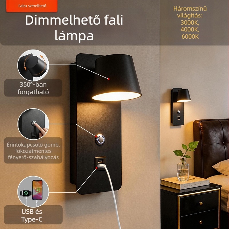 Újratöltésű éjjeli falikar északi stílusú LED-del, forgatható és dimmerrel, hálószoba atmoszférikus megvilágítása.