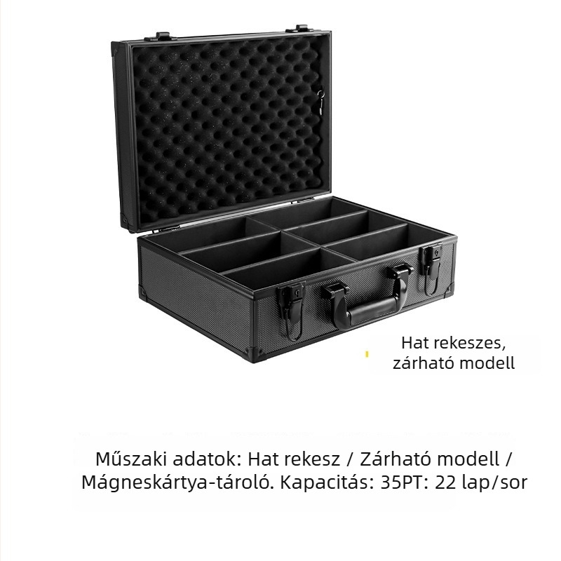 Alumínium ötvözetű szerszámtároló, nagy kapacitású, hordozható, fekete kártyatartó rekeszekkel