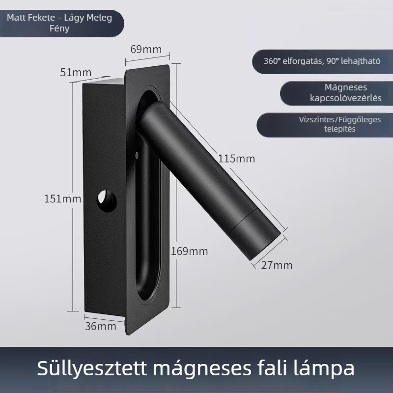 Beépített LED-es falikar, alumínium, modern minimalista stílus, forgatható olvasófej az ágy mellett, dekoratív