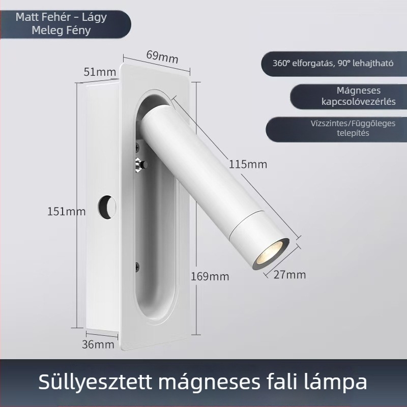 Beépített LED-es falikar, alumínium, modern minimalista stílus, forgatható olvasófej az ágy mellett, dekoratív