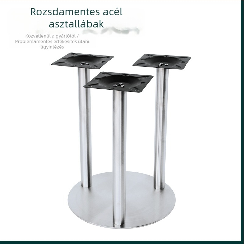 Rozsdamentes acélból készült nagy körasztal alap háromoszlopos lábakkal, kereskedelmi helyiségekhez
