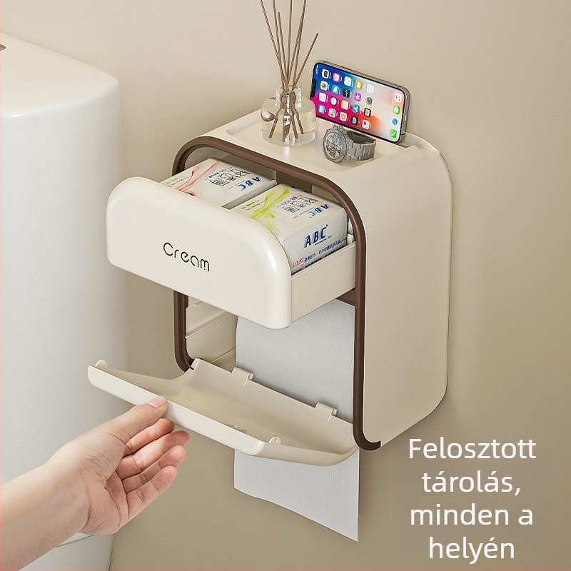 Fali krémszínű vécépapírtartó, vízálló, fúrás nélküli, prémium minőség