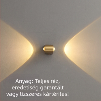 Teljesen rézből készült falikar vetítős megvilágítással, meleg hangulatú; ideális folyosóra, előcsarnokba és lépcsőházba; vezeték nélküli telepítés; éjjeliszekrény lámpa