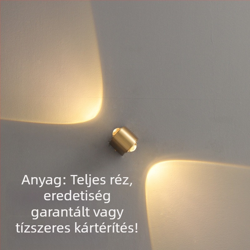 Teljesen rézből készült falikar vetítős megvilágítással, meleg hangulatú; ideális folyosóra, előcsarnokba és lépcsőházba; vezeték nélküli telepítés; éjjeliszekrény lámpa