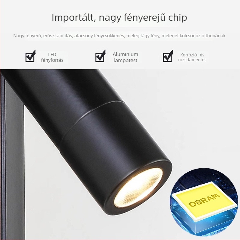 Ágy melletti falikar LED olvasólámpával, szemvédő funkcióval, teljes spektrummal, beépített spot a hálószobába