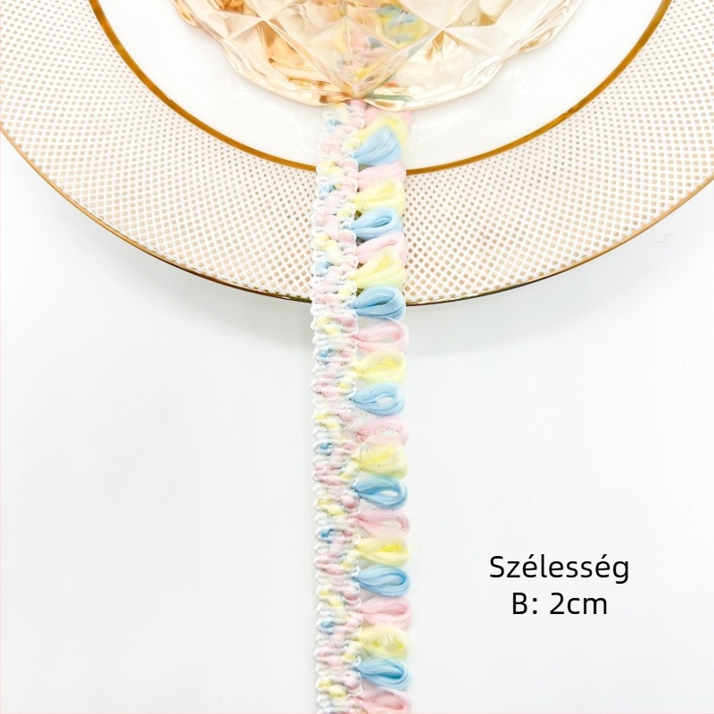 2 cm széles, több színű csipke zsinórszalag, egyoldali, DIY ruhák szegélyezéséhez