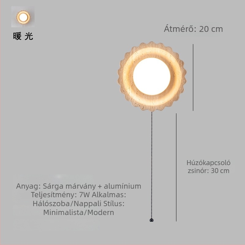 Kerek sárga travertin falikar kapcsolóval, Wabi-Sabi stílusú, japán ihletésű éjjeliszekrény lámpa