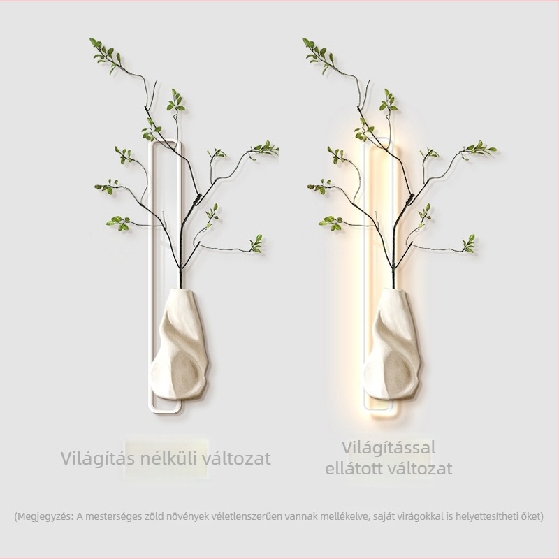 Wabi-sabi stílusú, nappaliba szánt falikép lámpával, kézzel festett porcelán csempe, alumínium ötvözet keret, kétpaneles kivitel