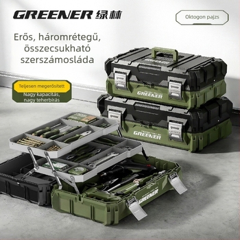 Greener ipari osztályú háromrétegben összecsukható szerszámtartó doboz, nagy kapacitású, masszív, ütésálló, többfunkciós tároló elektromos szerelők és vízvezeték-szerelők számára