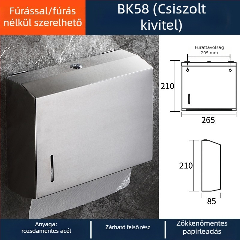 Négyszögletes fürdőszobai papírtartó rozsdamentes acélból, matt felülettel, modern minimalist dizájn