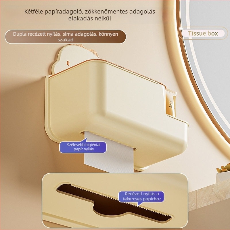 Fúrás nélküli falra szerelhető papírzsebkendő-tartó és fürdőszobai falis tároló