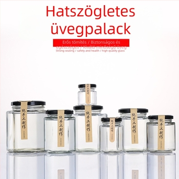 Hexagonális üvegedény fedővel, lezárt, élelmiszer-minőségű, kis kapacitású, citrompastához, mézhez és csilipaprika lekvárhoz