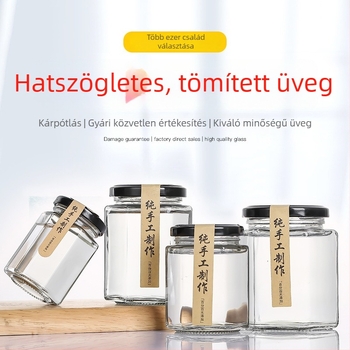 Hexagonális üvegedény fedővel, lezárt, élelmiszer-minőségű, kis kapacitású, citrompastához, mézhez és csilipaprika lekvárhoz