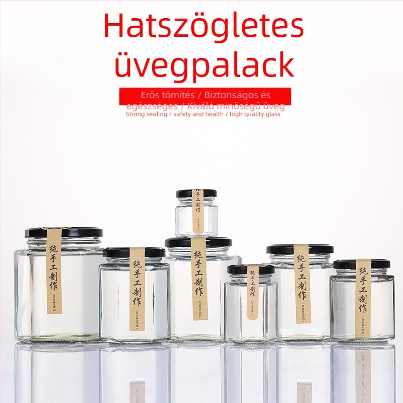 Hexagonális üvegedény fedővel, lezárt, élelmiszer-minőségű, kis kapacitású, citrompastához, mézhez és csilipaprika lekvárhoz