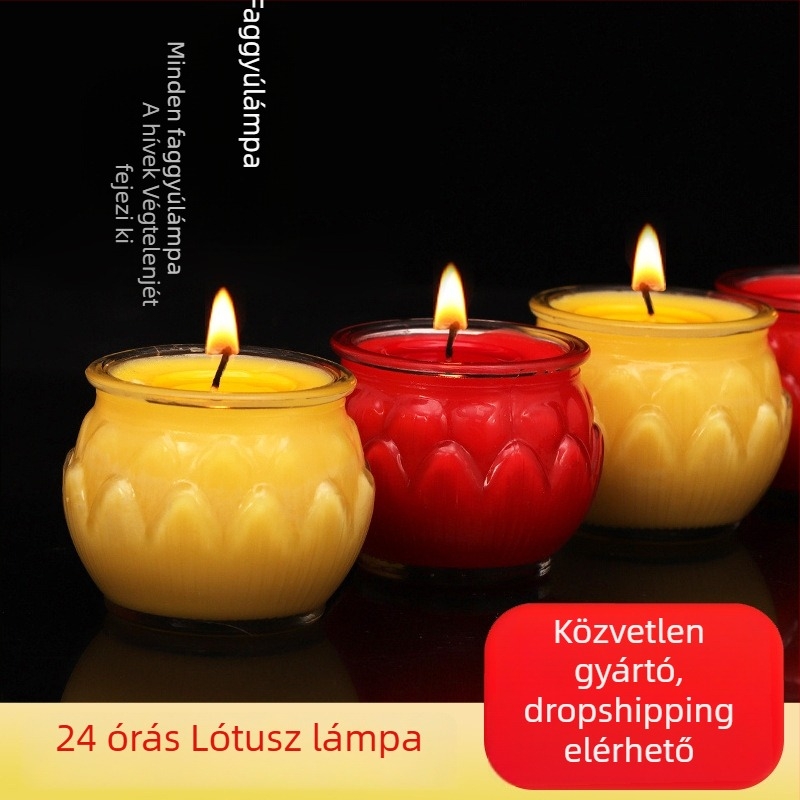 24 órás üveg lámpa sík szájú, növényi vajból készült lámpa lotus mintával buddhista tiszteletre, hosszú égésű