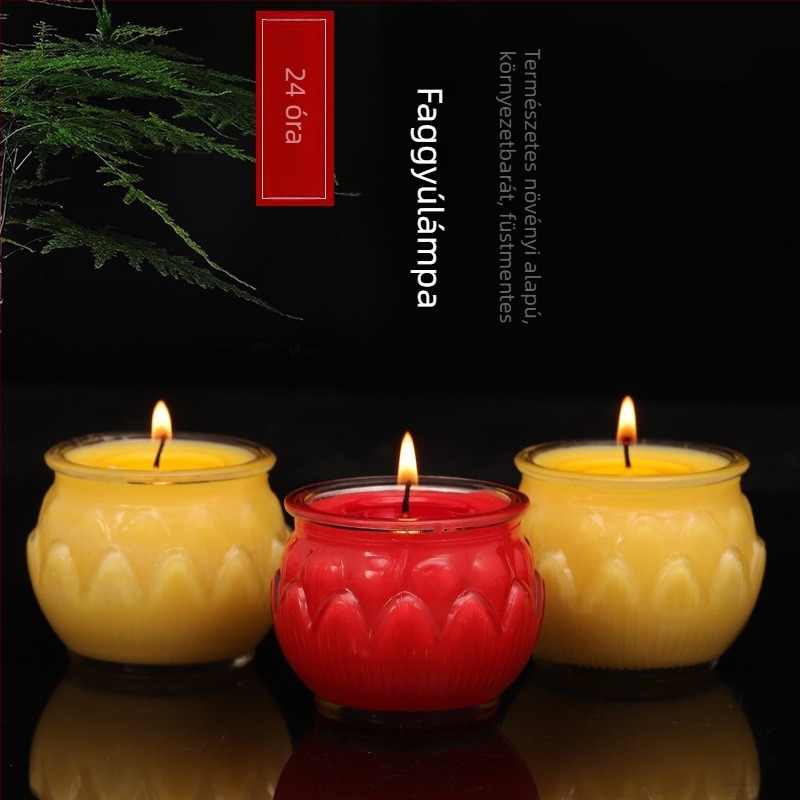 24 órás üveg lámpa sík szájú, növényi vajból készült lámpa lotus mintával buddhista tiszteletre, hosszú égésű