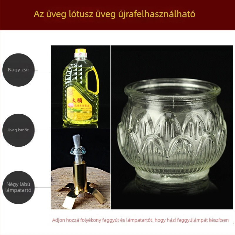 24 órás üveg lámpa sík szájú, növényi vajból készült lámpa lotus mintával buddhista tiszteletre, hosszú égésű