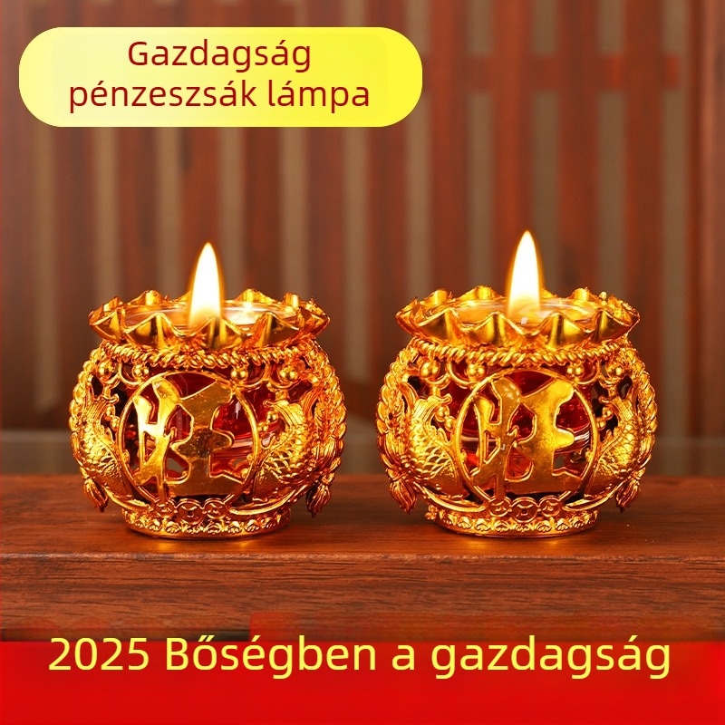 Budai pénztárca kristály gyertyával és füstmentes ghí lámpával otthoni oltárhoz, Új Év