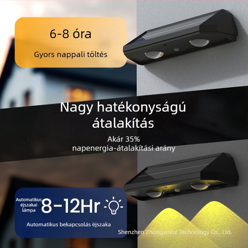 Napelemes kültéri LED falikar színes hangulatvilággal, IP65 vízálló, kerthez