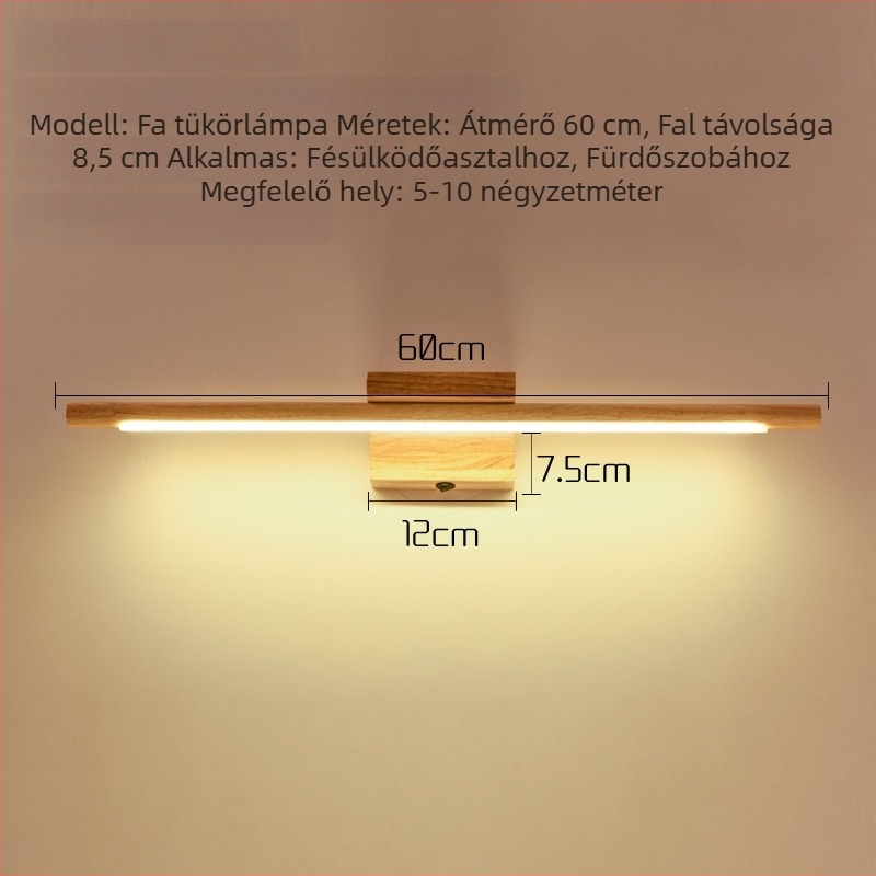 Skandináv stílusú tükrös világítás tömörfából, LED-del, falon kapcsolóval