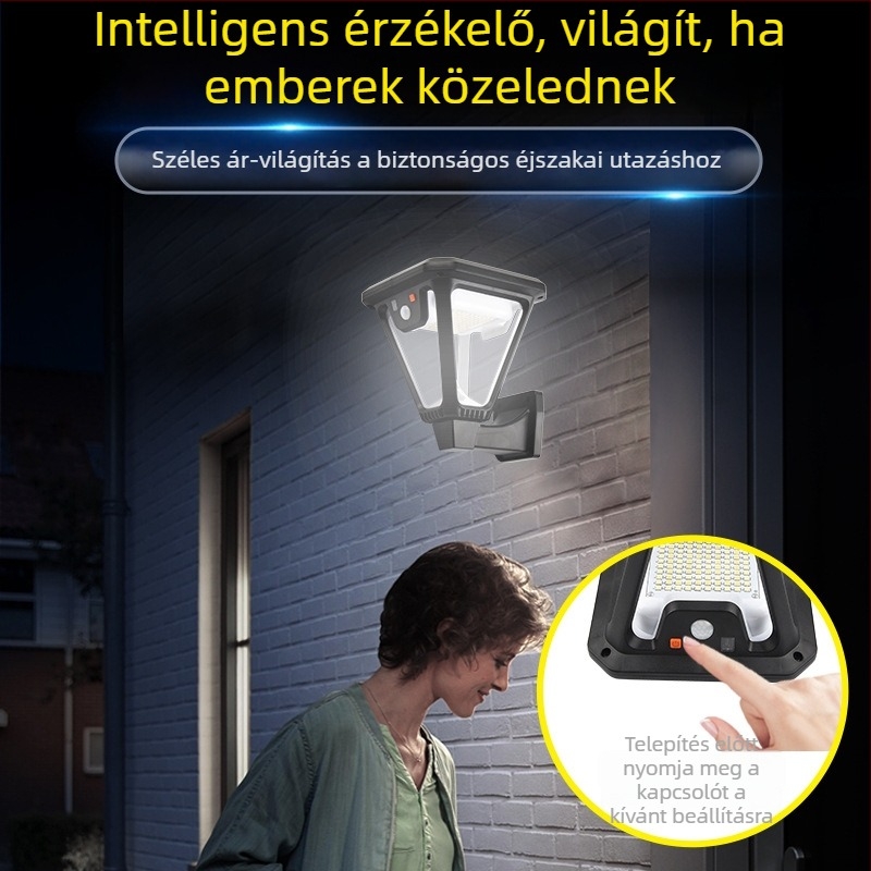 Napelemes kültéri kertvilágítás mozgásérzékelővel, LED IP55 fal- és földön álló lámpa, tájvilágítás