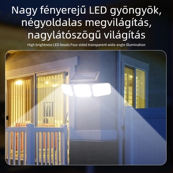 Napelemes háromfejű falikar, többirányú állíthatósággal, kültéri kerthez, mozgásérzékelő, vízálló