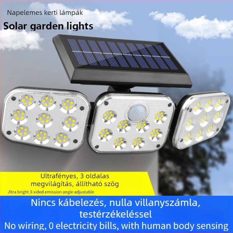 Napelemes háromfejű falikar, többirányú állíthatósággal, kültéri kerthez, mozgásérzékelő, vízálló