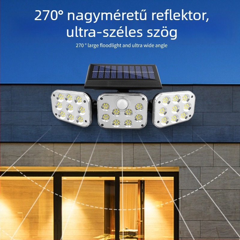 Napelemes háromfejű falikar, többirányú állíthatósággal, kültéri kerthez, mozgásérzékelő, vízálló