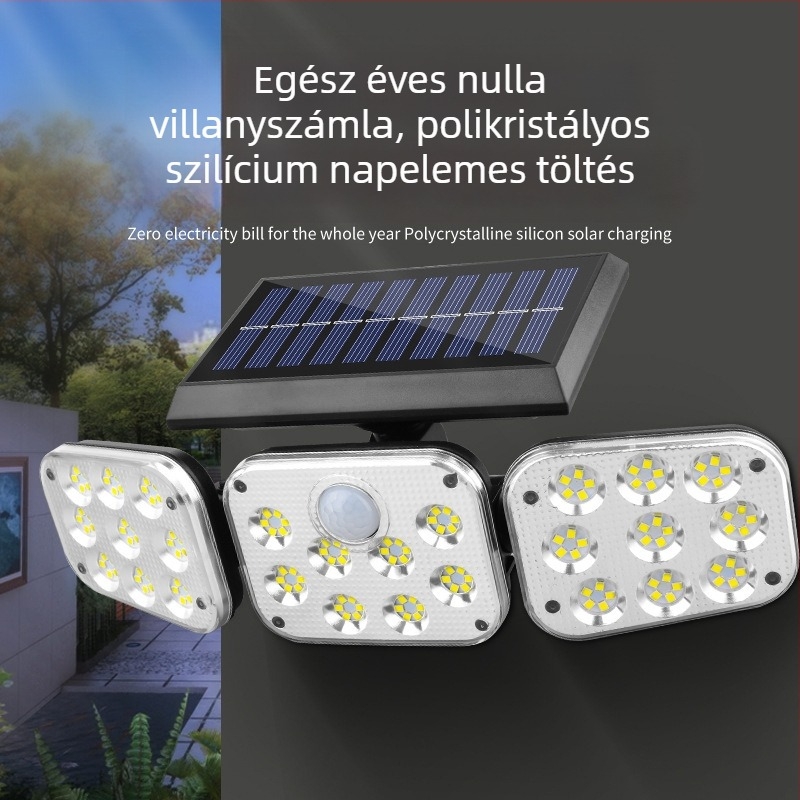 Napelemes háromfejű falikar, többirányú állíthatósággal, kültéri kerthez, mozgásérzékelő, vízálló