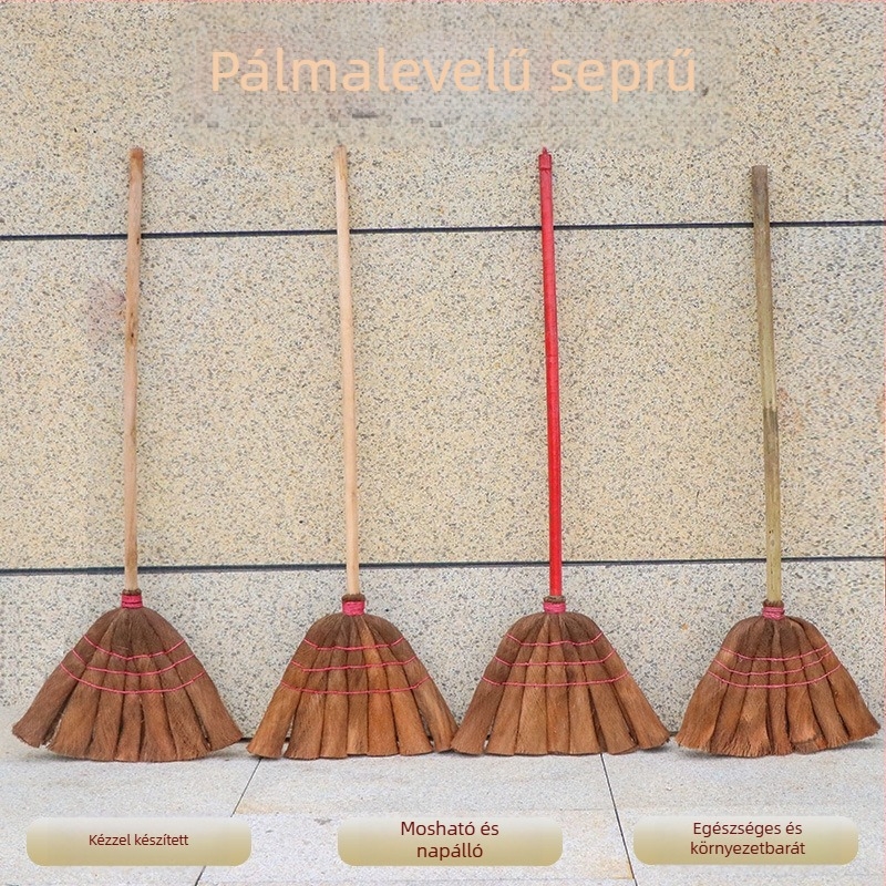 Kézzel készített pálmaseprű bambusz vagy fa nyéllel, pálmaszálas sörtékkel