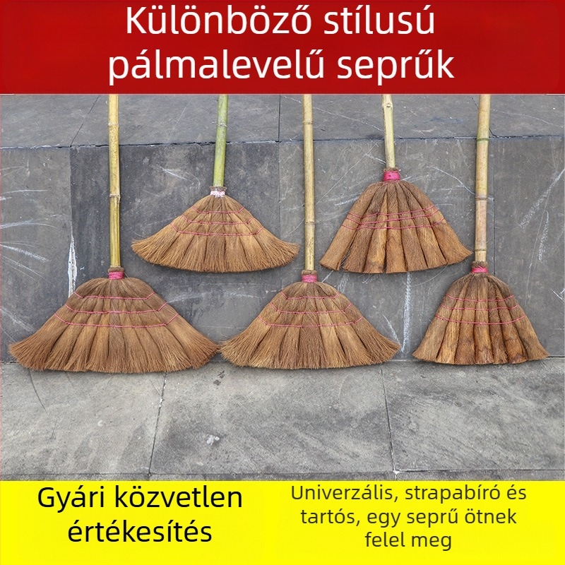 Kézzel készített pálmaseprű bambusz vagy fa nyéllel, pálmaszálas sörtékkel