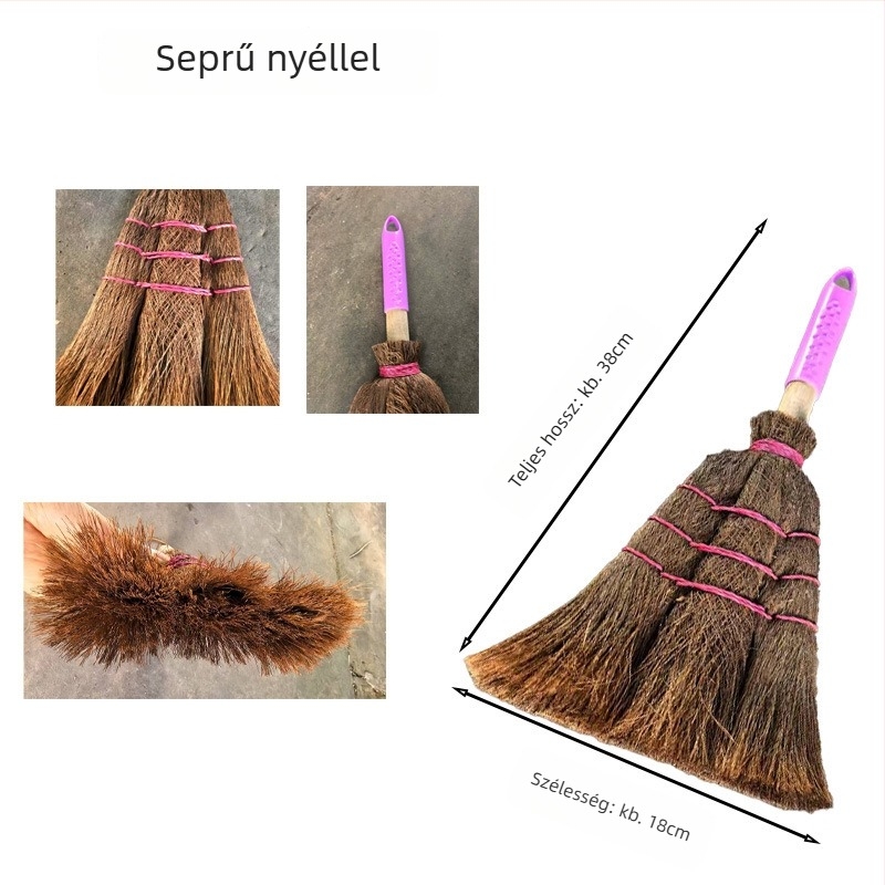 Kézzel készített pálmaseprű bambusz vagy fa nyéllel, pálmaszálas sörtékkel