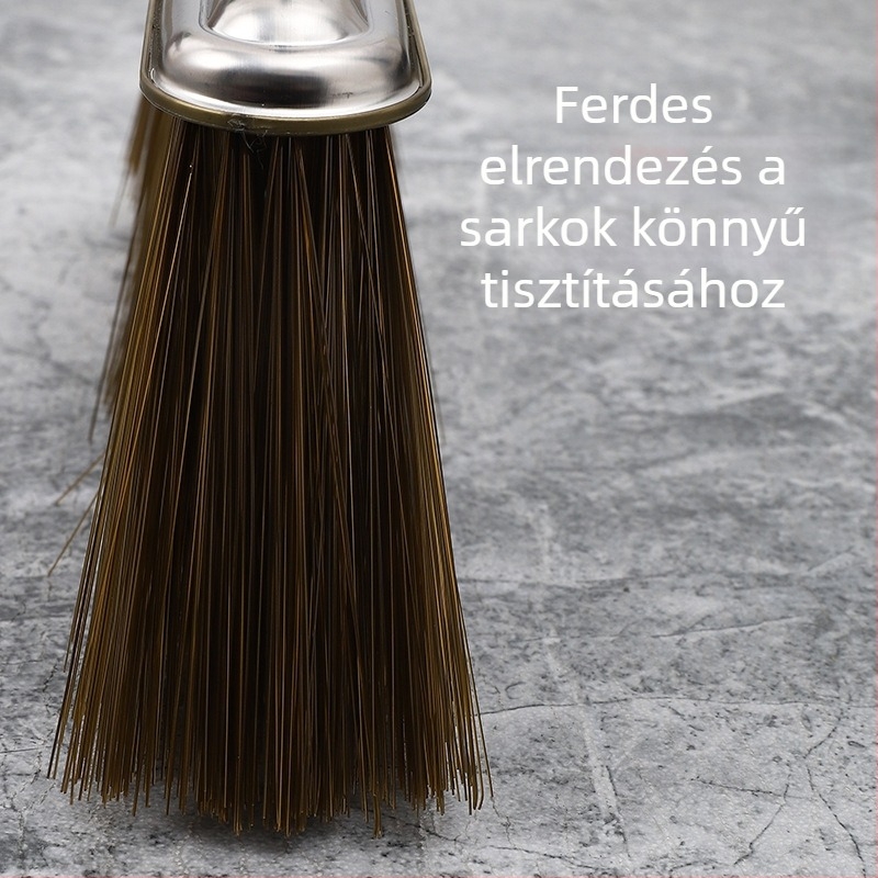 Rozsdamentes acélból készült háztartási seprű, hosszú nyéllel, puha sörtékkel