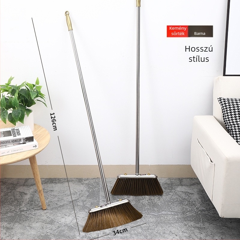 Rozsdamentes acélból készült háztartási seprű, hosszú nyéllel, puha sörtékkel