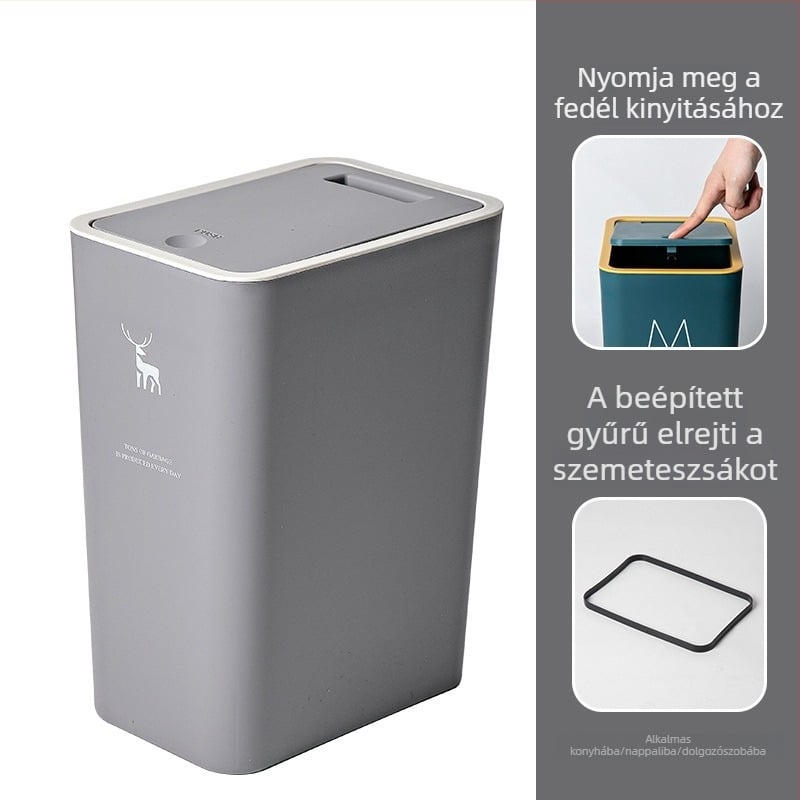 Nagy kapacitású szemetes fedéllel, háztartási használatra, nyomásra nyíló, 10 L, négyzet alakú