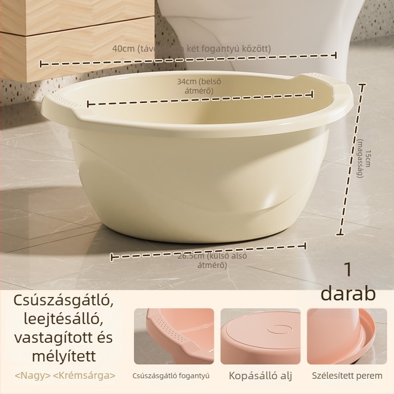 Vastag falú mély műanyag mosóedény, nagy méretű, dupla fogantyúval, arc-, zöldség- és ruhamosásra