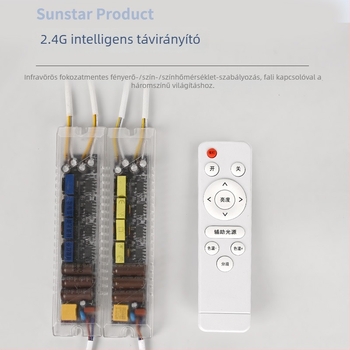 LED mennyezeti lámpa tápegység lépcsőzetes fényerő-szabályozással, távirányítóval, állandó áramú forrással, egyenirányítóval és háromszínű szegmentált ballasttal