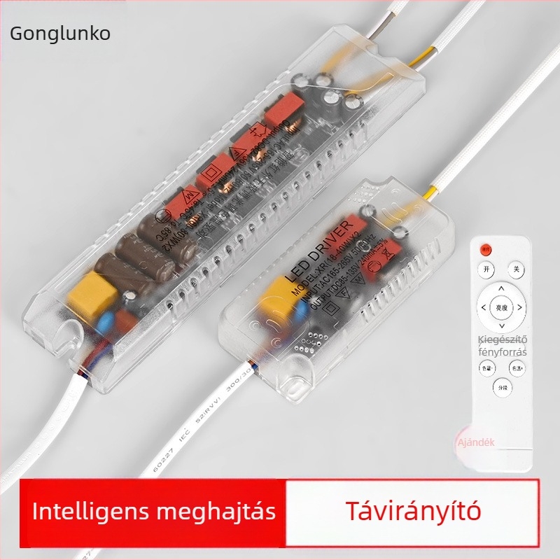 LED mennyezeti lámpa tápegység lépcsőzetes fényerő-szabályozással, távirányítóval, állandó áramú forrással, egyenirányítóval és háromszínű szegmentált ballasttal